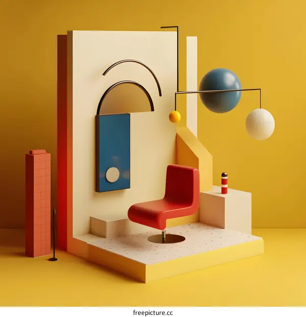 Abstract 3D Geometric Shapes in a Minimalist Interior Design