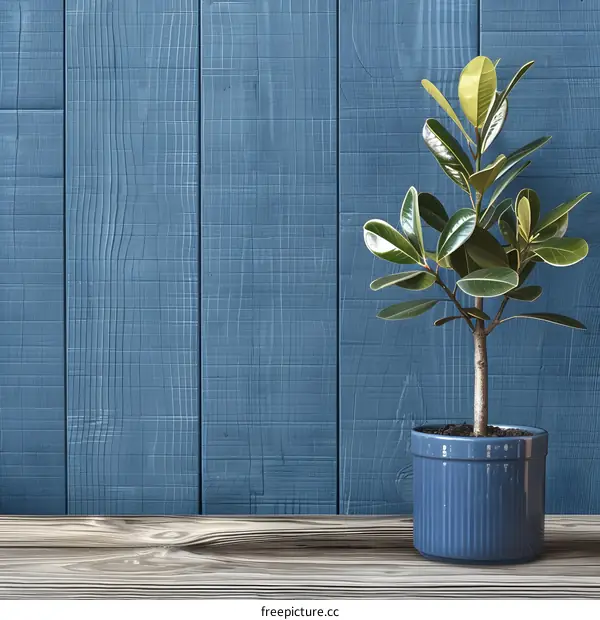 Small Green Plant in Blue Pot Against a Blue Wood Wall