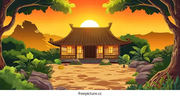 Traditional Asian House Illustration with Sunset