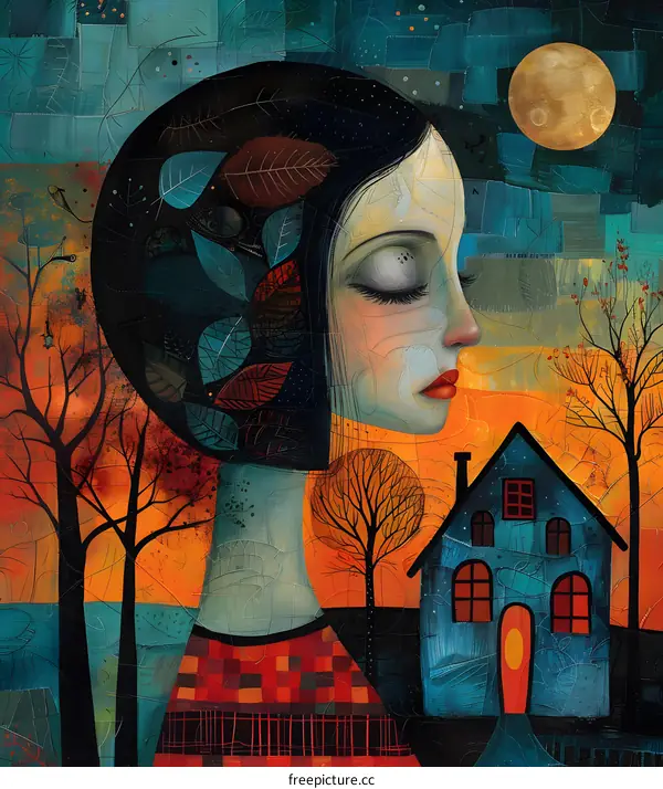 A girl with leaves in her hair and a house in the background