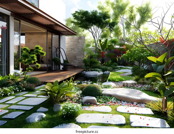 A beautiful garden with a pond, trees, and flowers