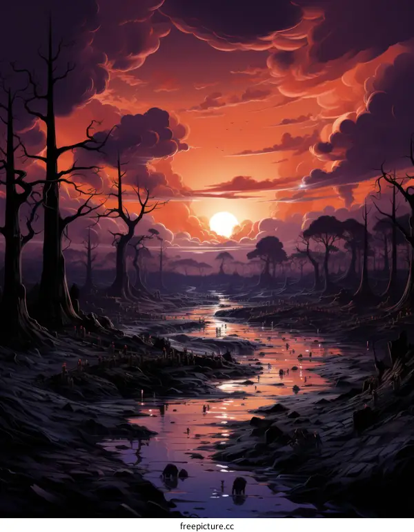 A group of people walking through a dark forest with a river running through it. The sky is red and the trees are bare.