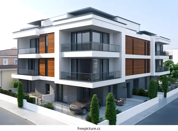 Modern White and Brown Apartment Building Exterior Design