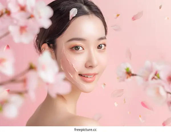 Beautiful Asian Woman with Pink Flowers on a Pink Background