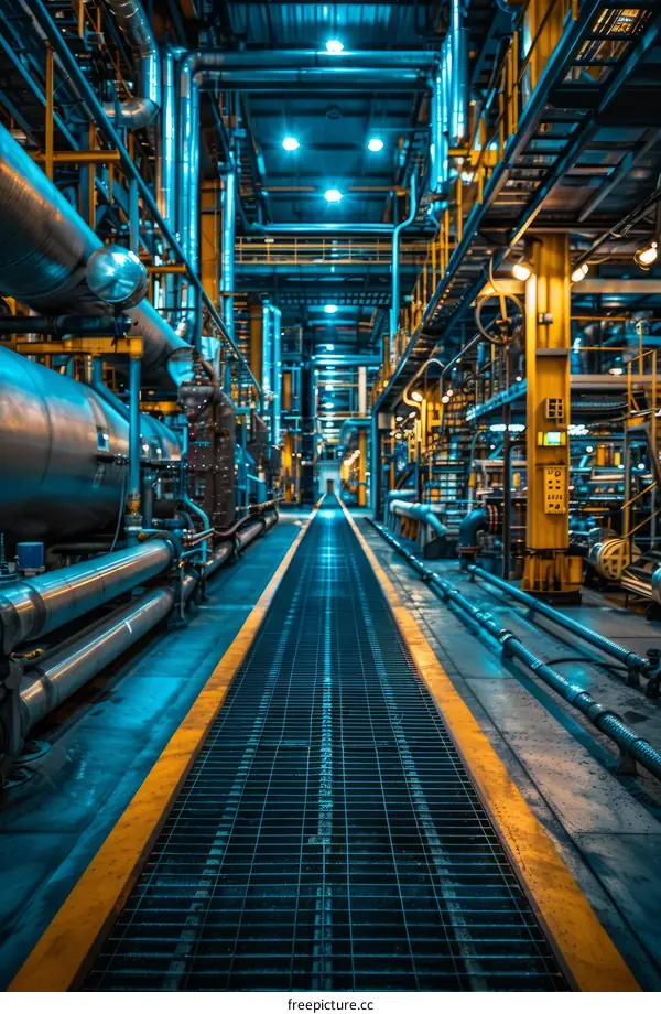 Blue Lit Catwalk in a Factory Interior