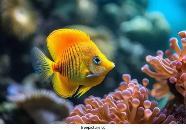 Yellow Tang Fish Swimming Near Coral Reef