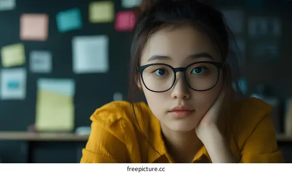 Young Asian Woman Wearing Glasses Looking at Camera