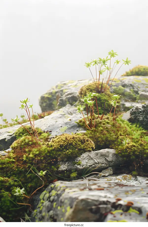 Green Moss Growing on Rocks in Misty Mountain