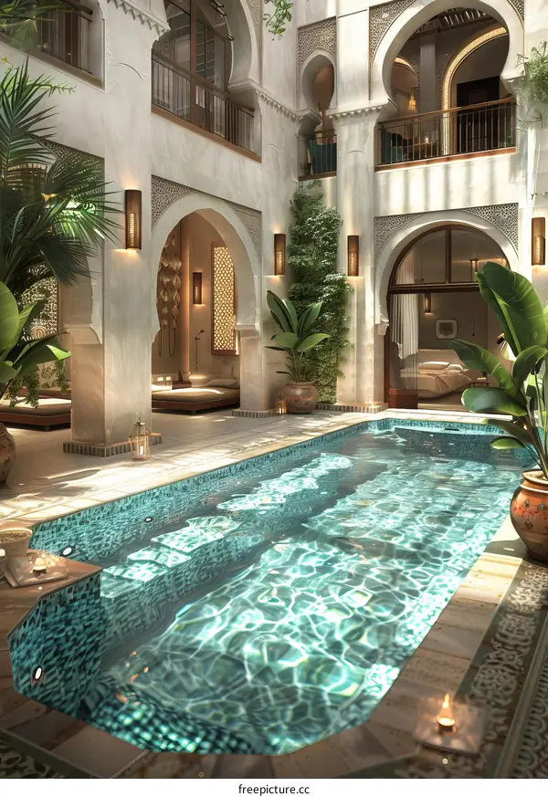 Moroccan Courtyard Pool Design Illustration