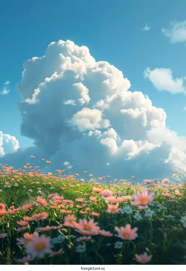 Beautiful Flower Field with Blue Sky and Clouds