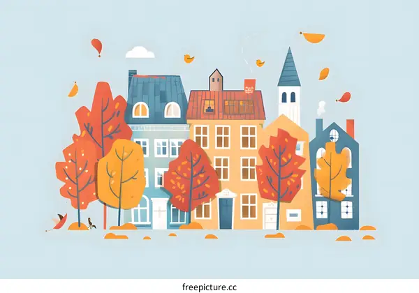 Autumn Landscape With Colorful Buildings And Trees