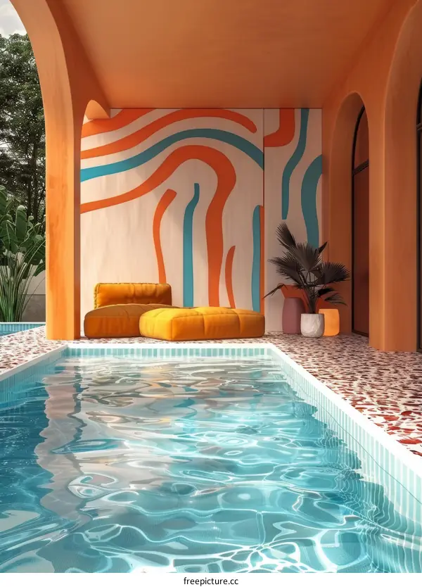 Modern swimming pool with two orange lounge chairs