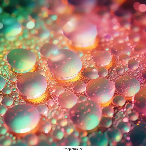 Colorful bubbles floating in a pink and green background