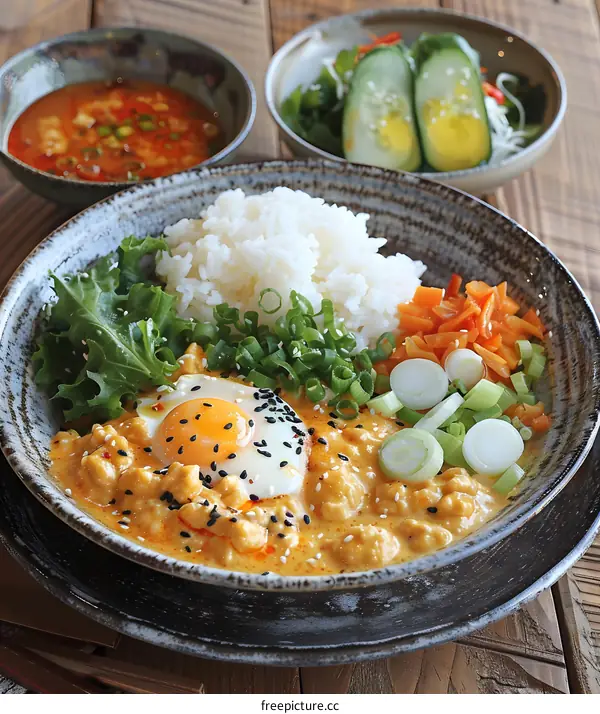 A delicious and healthy meal of chicken, rice, vegetables, and soup