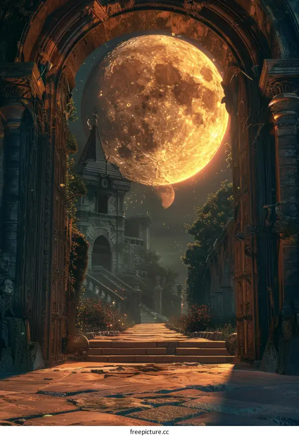 Fantasy Castle Ruins Overgrown with Plants in Moonlight Glow