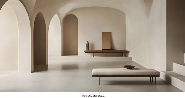 Minimalist Interior Design with Arched Hallway and Beige Tones