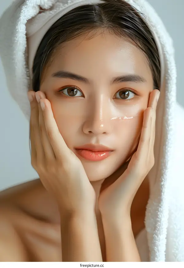 Beautiful Woman With Towel on Head Applying Moisturizer