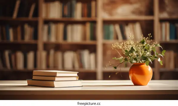 A beautiful library with a vase of flowers on a wooden table