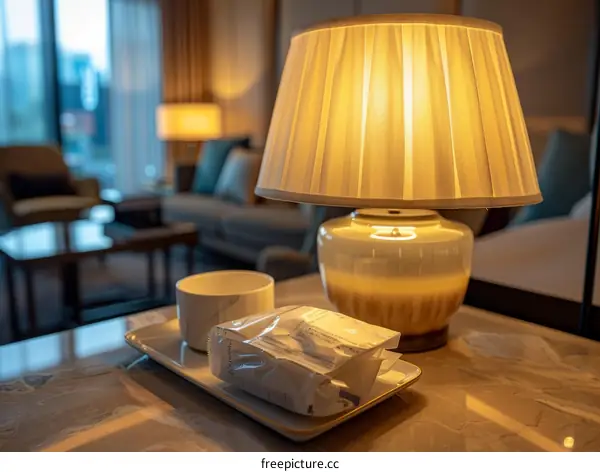 Elegant Hotel Room with a Bright Lamp on the Table