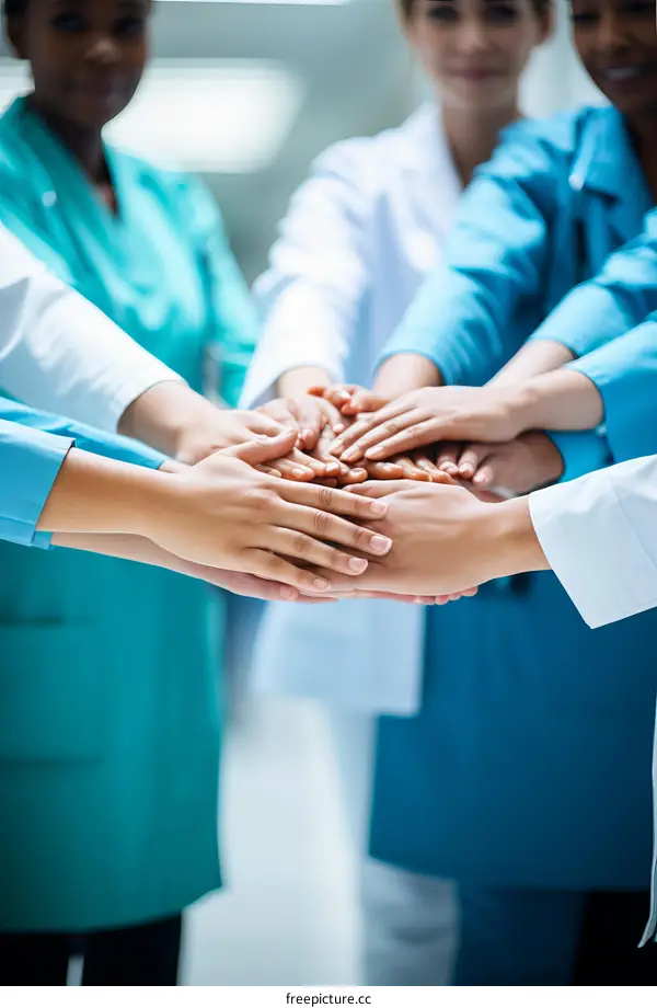 Multiracial group of doctors joining hands in unity