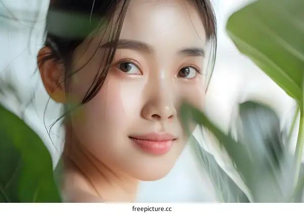 Close Up Portrait of a Beautiful Asian Woman with Green Leaves