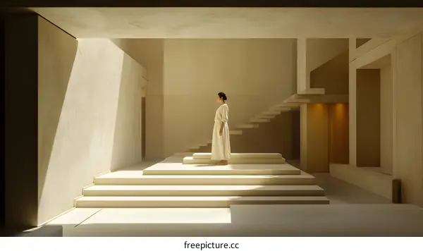 Minimalist Interior Design With Woman Standing On Stairs
