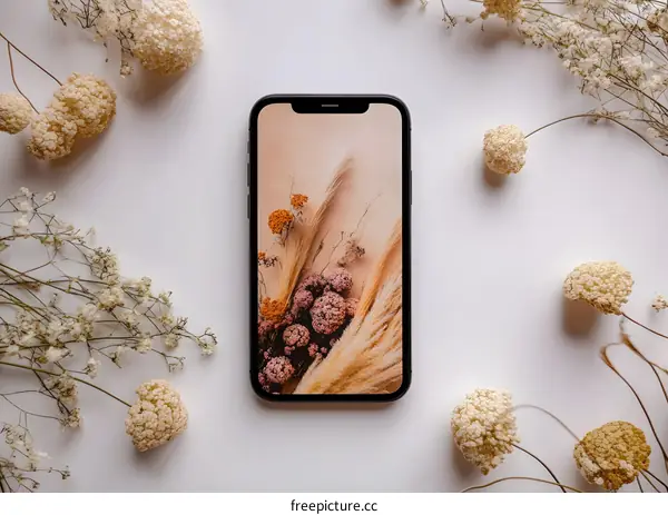 Phone Screen with Dried Flowers and White Background