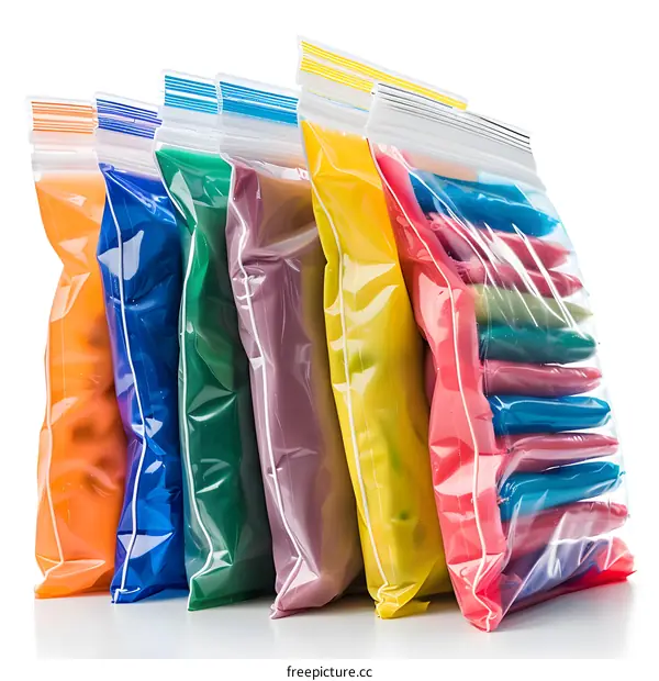 colorful plastic bags with powders