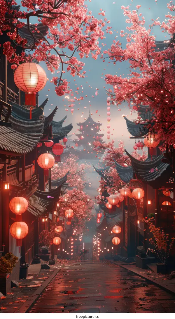 Traditional Chinese Architecture Illustration: A Dreamlike Scene