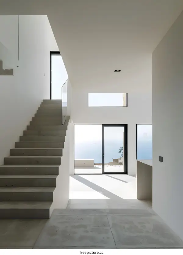 Modern Staircase with Ocean View in Minimalist Home