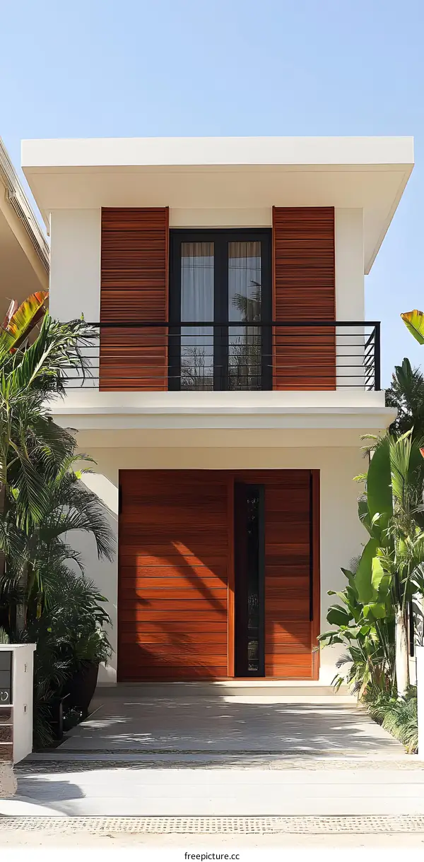 Modern White House with Wooden Shutters and Balcony
