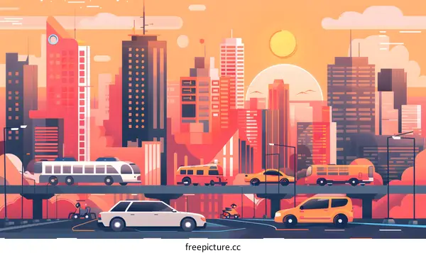 Cityscape with Cars, Bus and People at Sunset Illustration