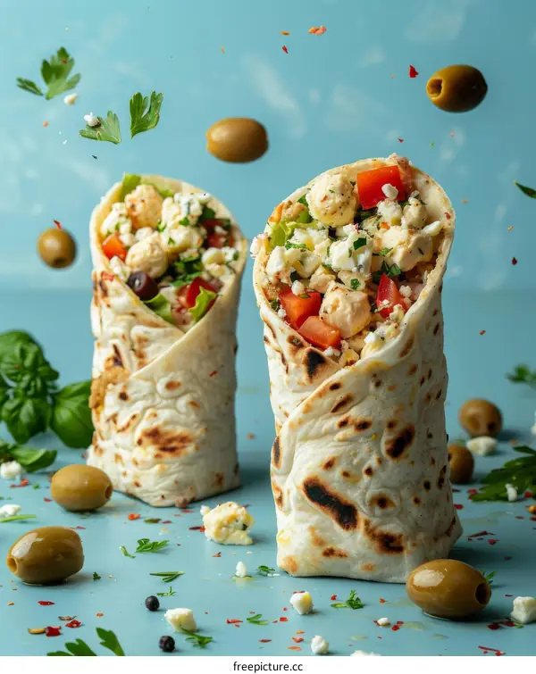 Two delicious and healthy wraps with vegetables and chicken
