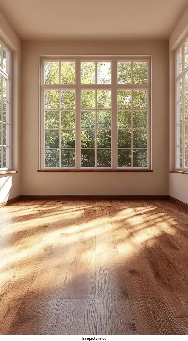 Empty room with large windows and wooden floor
