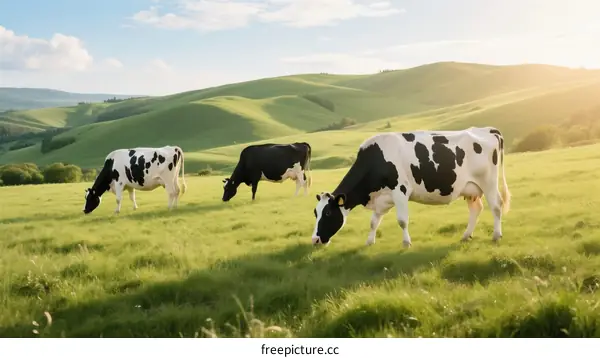 Grazing Holstein Cows on Lush Green Rolling Hills