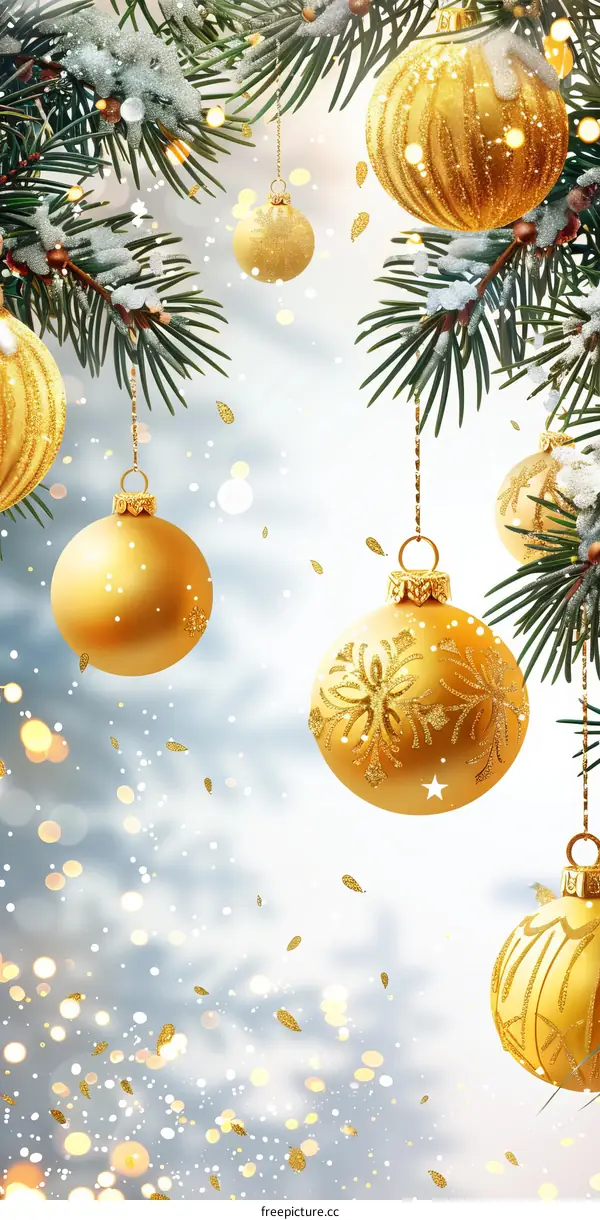 Christmas Ornaments Hanging on a Snowy Pine Tree Branch