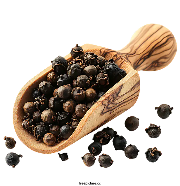 [Transparent Background PNG]Wooden Scoop Filled with Black Peppercorns
