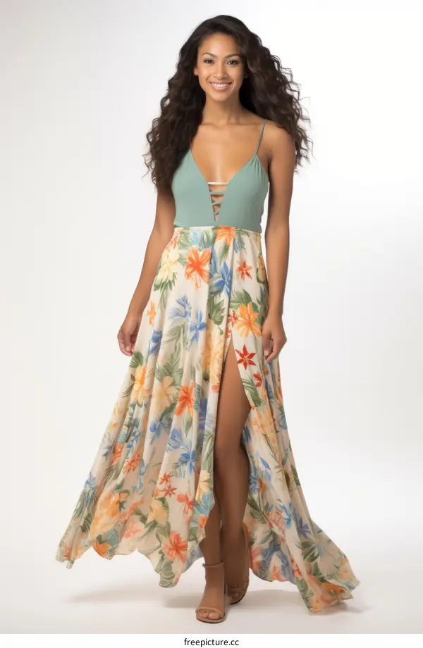 a woman wearing a floral maxi dress