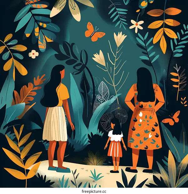 Three Women Standing In A Lush Forest