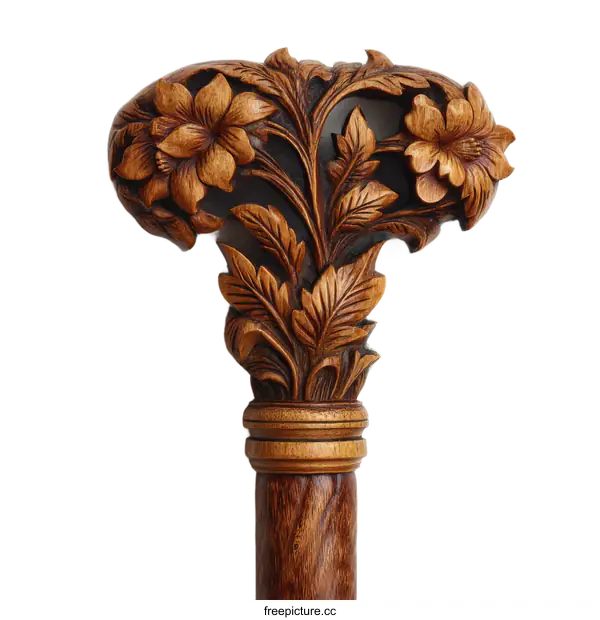 [Transparent Background PNG]Ornate Wooden Walking Cane with Floral Carvings