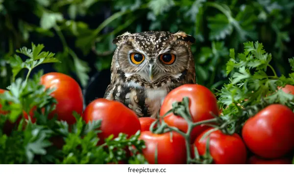 Owl with red tomatoes and parsley