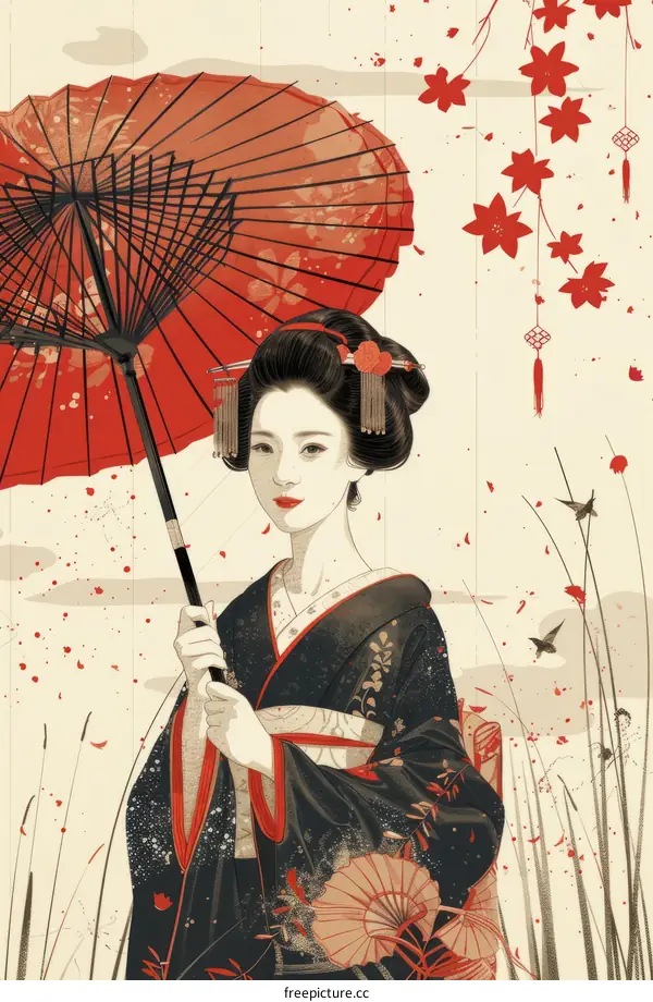 Illustration of a Japanese woman in a kimono holding a red umbrella