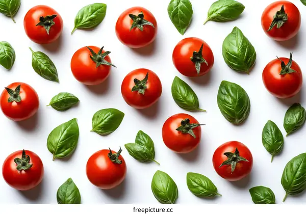 Fresh Tomatoes and Basil Pattern on White Background