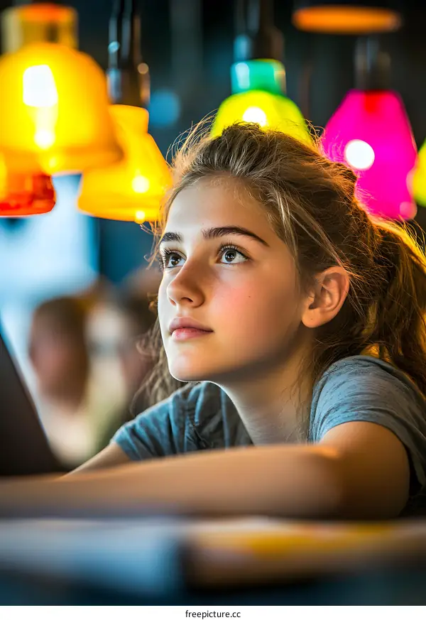 Young Girl Sitting at a Table Looking Up at Colorful Lights