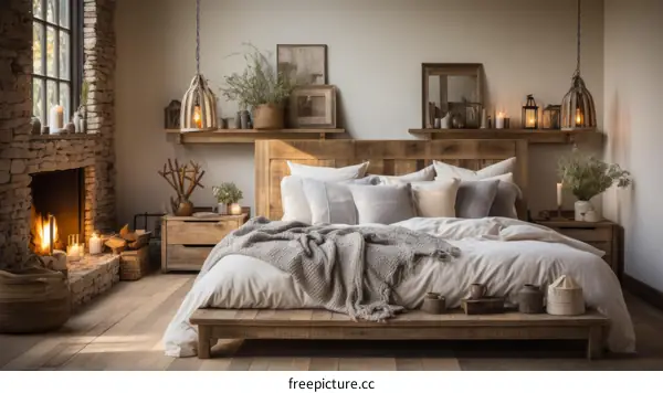A cozy bedroom with a fireplace and a large bed