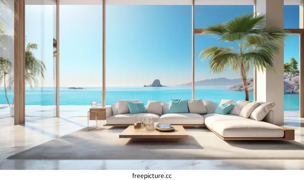 Modern beach house living room with large glass windows and ocean view
