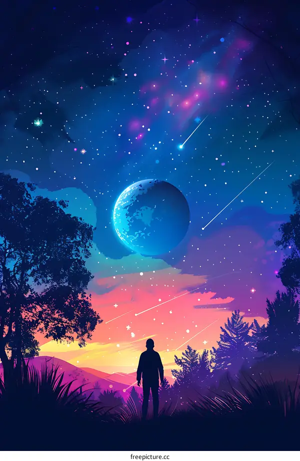 Silhouette of a Man Watching Shooting Stars in Night Sky with Moon