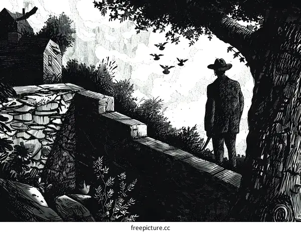 Man in Hat Standing by Tree with Birds Flying