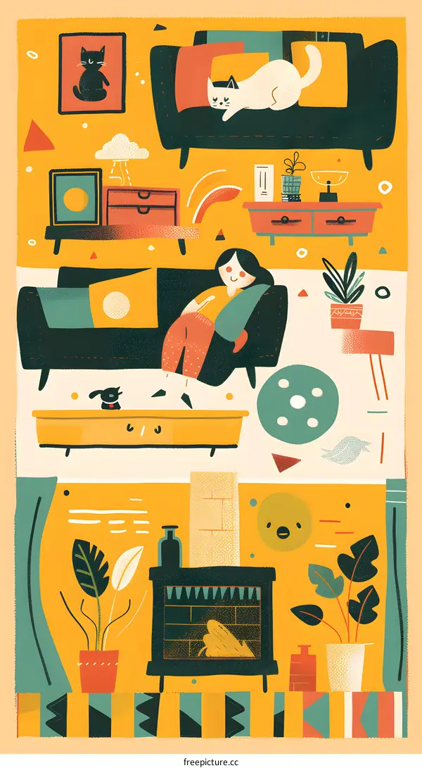 Cozy Living Room Interior Illustration with Woman and Cat