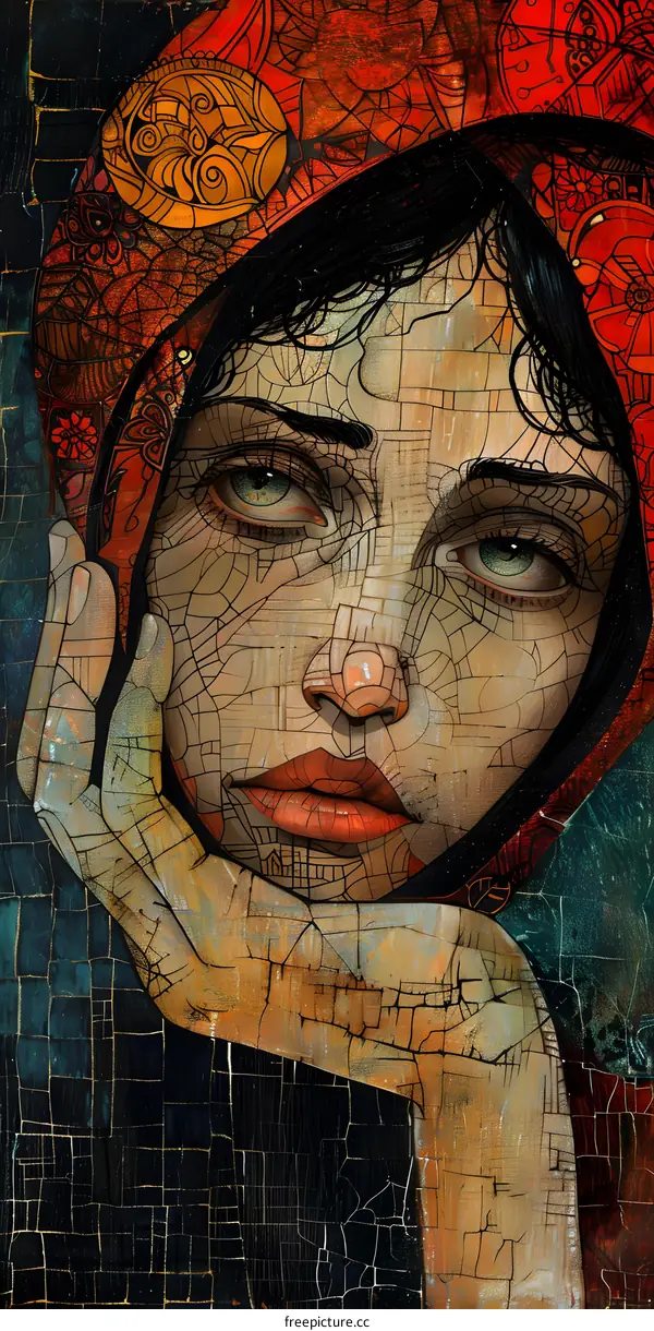 The Woman in Red Hood with Mosaic Art Portrait